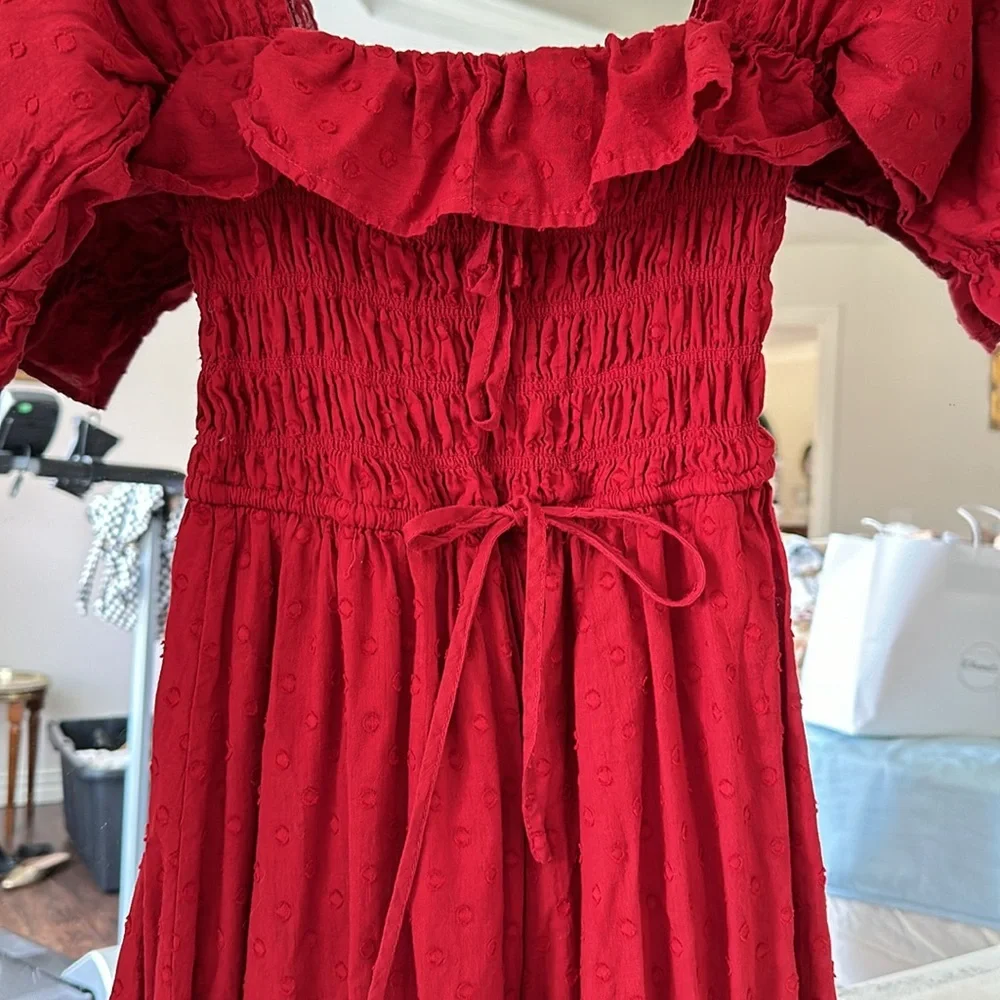 Cranberry colored off the shoulder Swiss dot dress size small - Picture 2 of 5